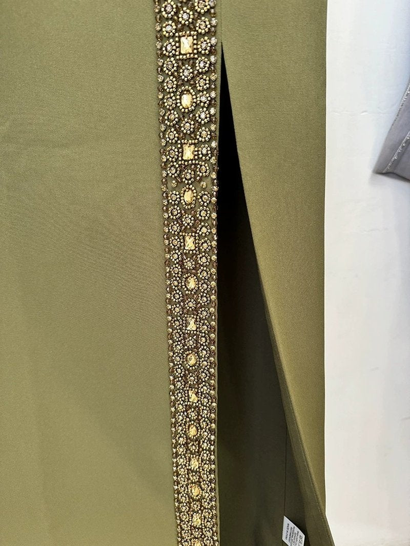Olive Green Halter Gown with Sequin Accents H6605
