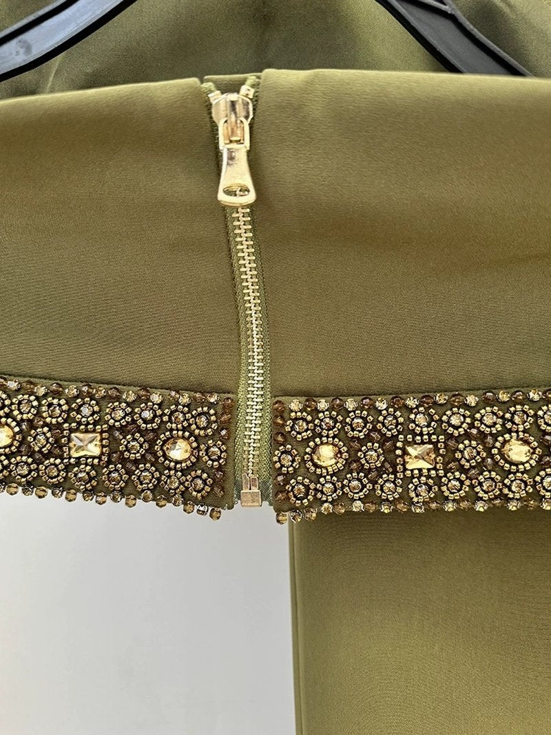 Olive Green Halter Gown with Sequin Accents H6605