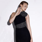 One Shoulder Beaded Black Gown H6752