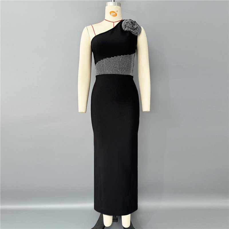 One Shoulder Beaded Black Gown H6752