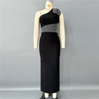 One Shoulder Beaded Black Gown H6752