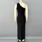 One Shoulder Beaded Black Gown H6752