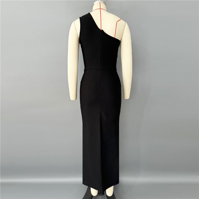 One Shoulder Beaded Black Gown H6752