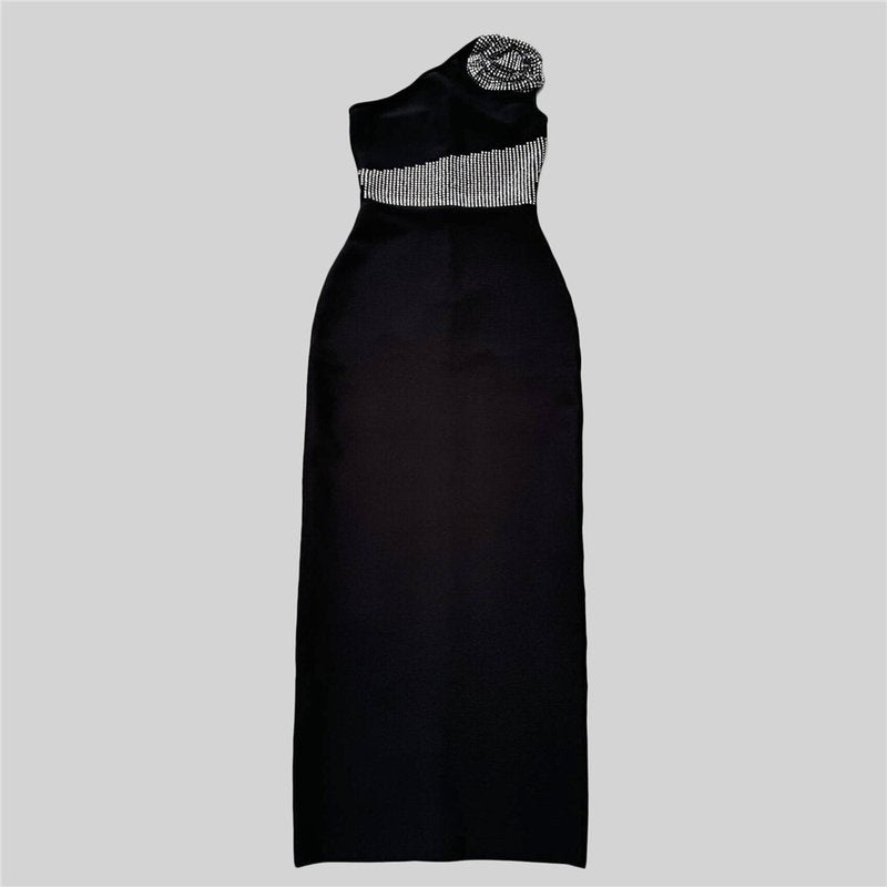 One Shoulder Beaded Black Gown H6752
