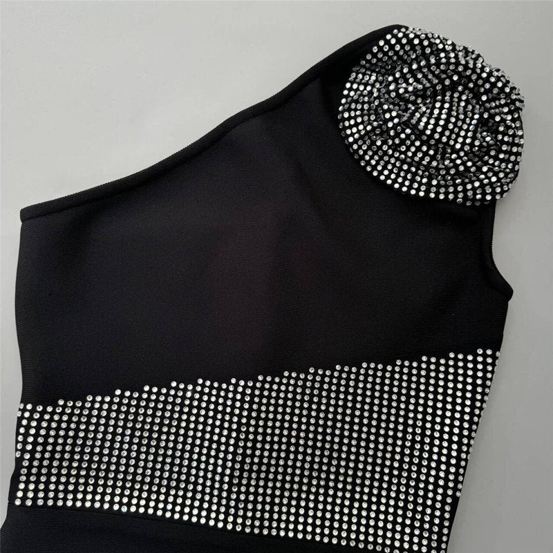 One Shoulder Beaded Black Gown H6752