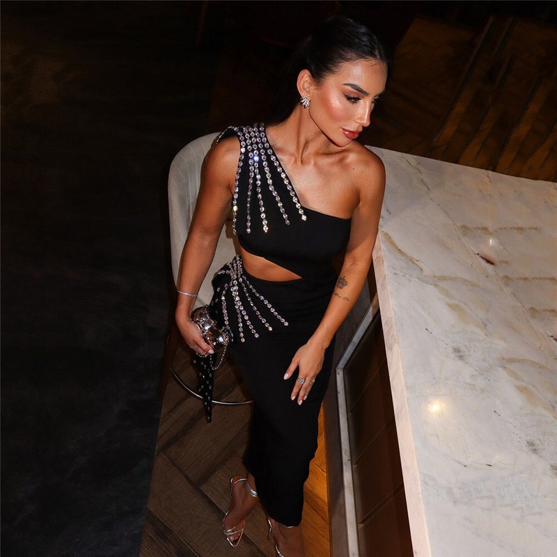 One Shoulder Beaded Cutout Maxi Dress H6543