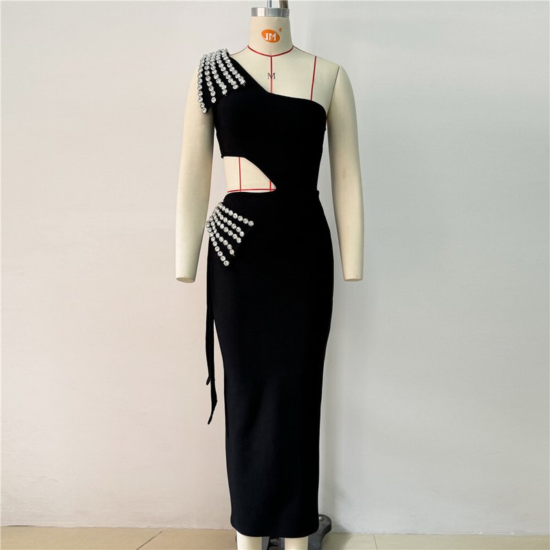 One Shoulder Beaded Cutout Maxi Dress H6543