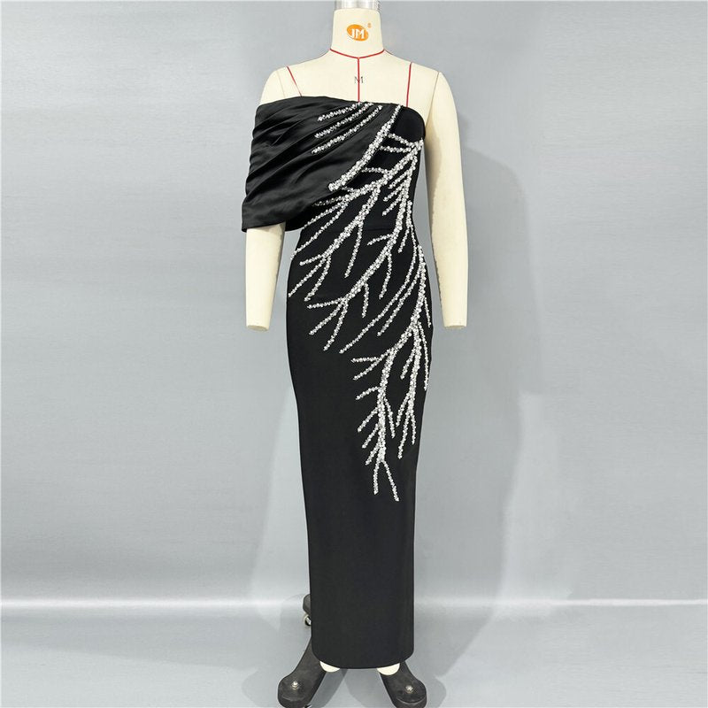 One Shoulder Beaded Maxi Dress H6812