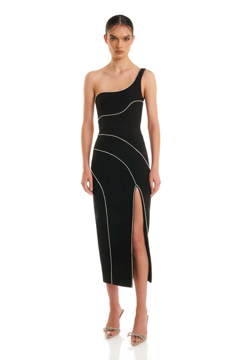 One Shoulder Beaded Midi Dress H6429