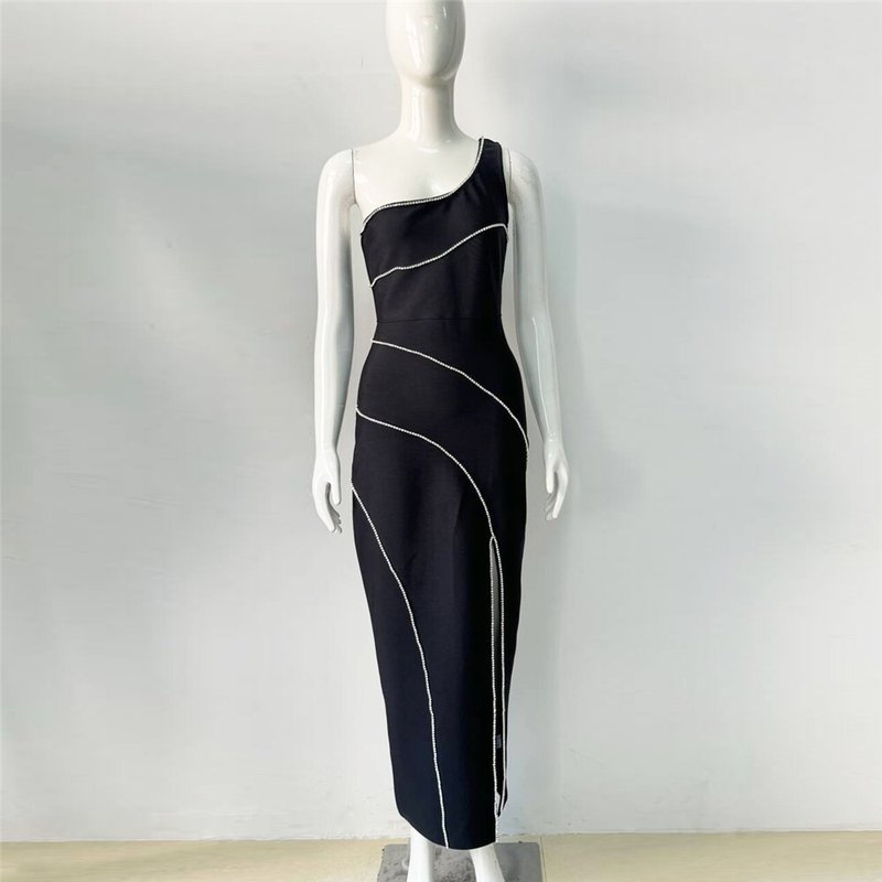 One Shoulder Beaded Midi Dress H6429