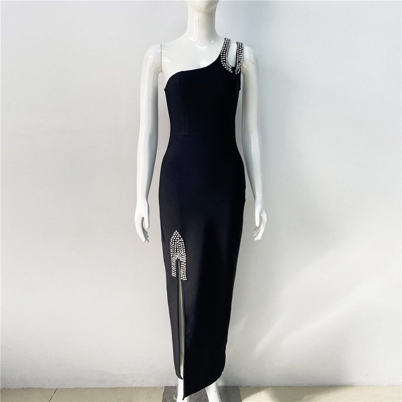 One Shoulder Beaded Slit Maxi Dress H6203