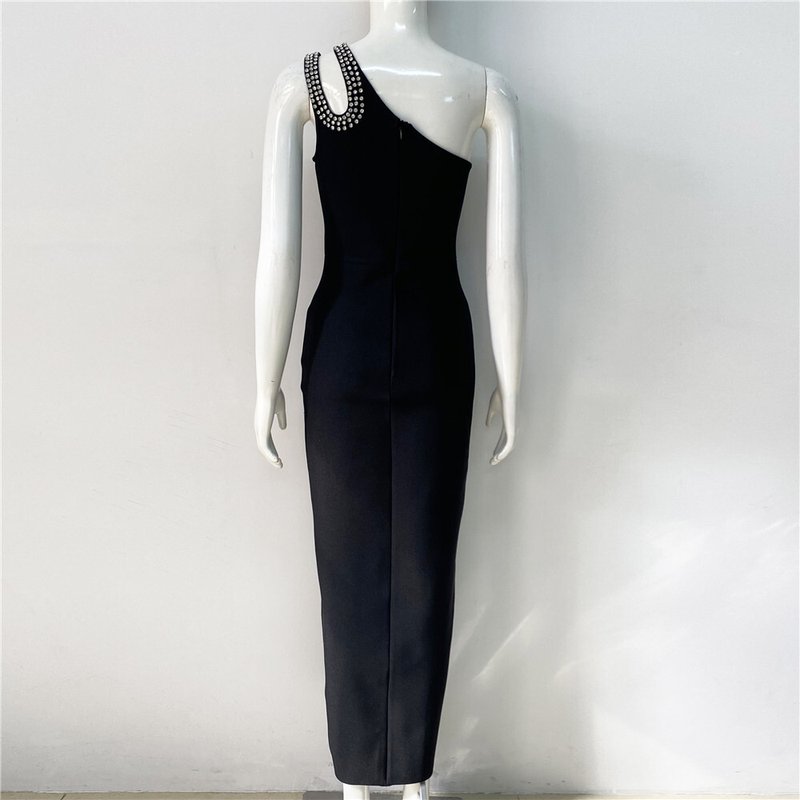 One Shoulder Beaded Slit Maxi Dress H6203