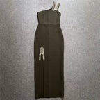One Shoulder Beaded Slit Maxi Dress H6203