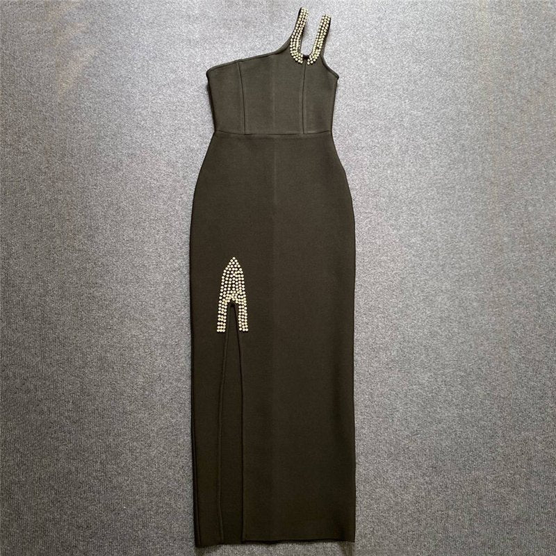 One Shoulder Beaded Slit Maxi Dress H6203