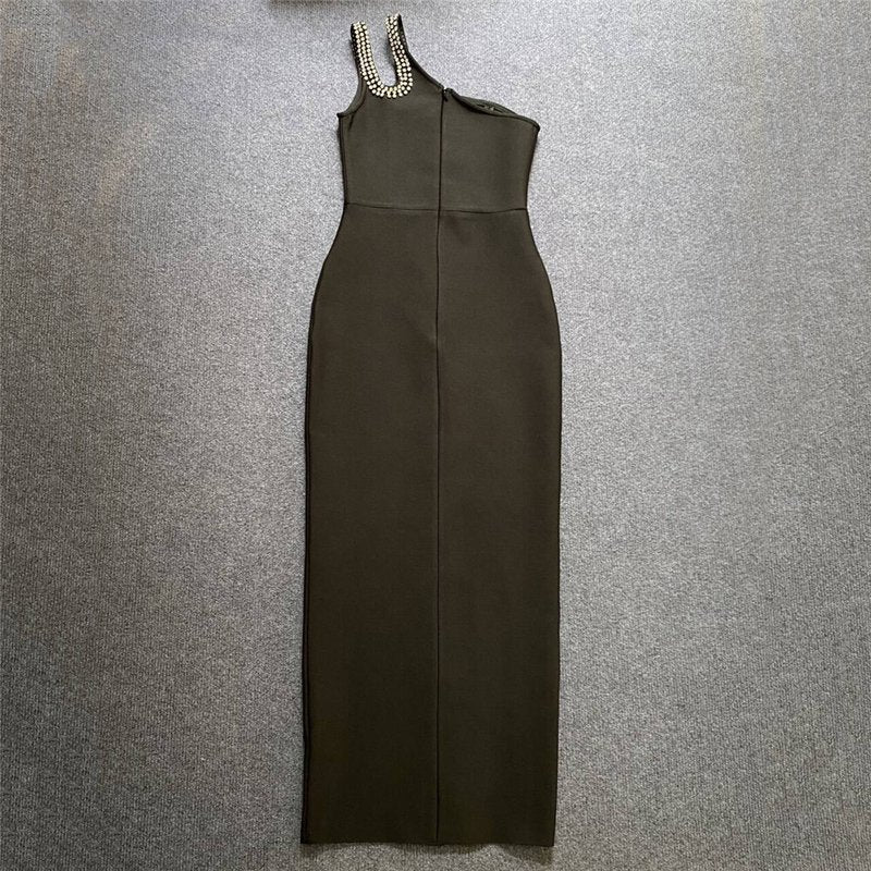 One Shoulder Beaded Slit Maxi Dress H6203