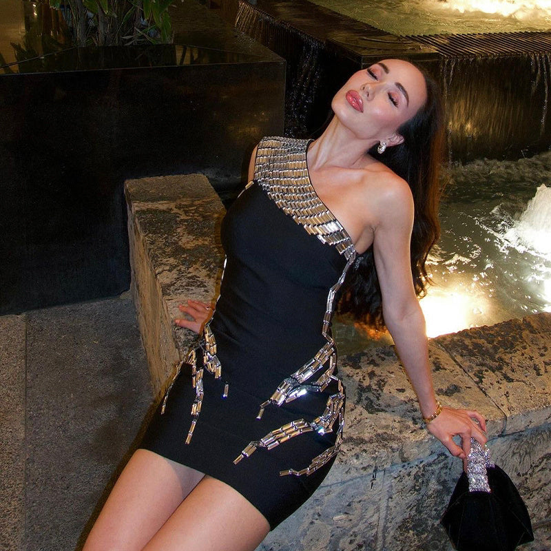 One Shoulder Chain Detail Mini Dress H6321