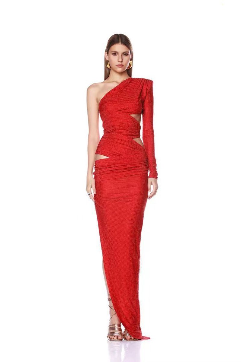 One Shoulder Cutout Red Bandage Gown H6665
