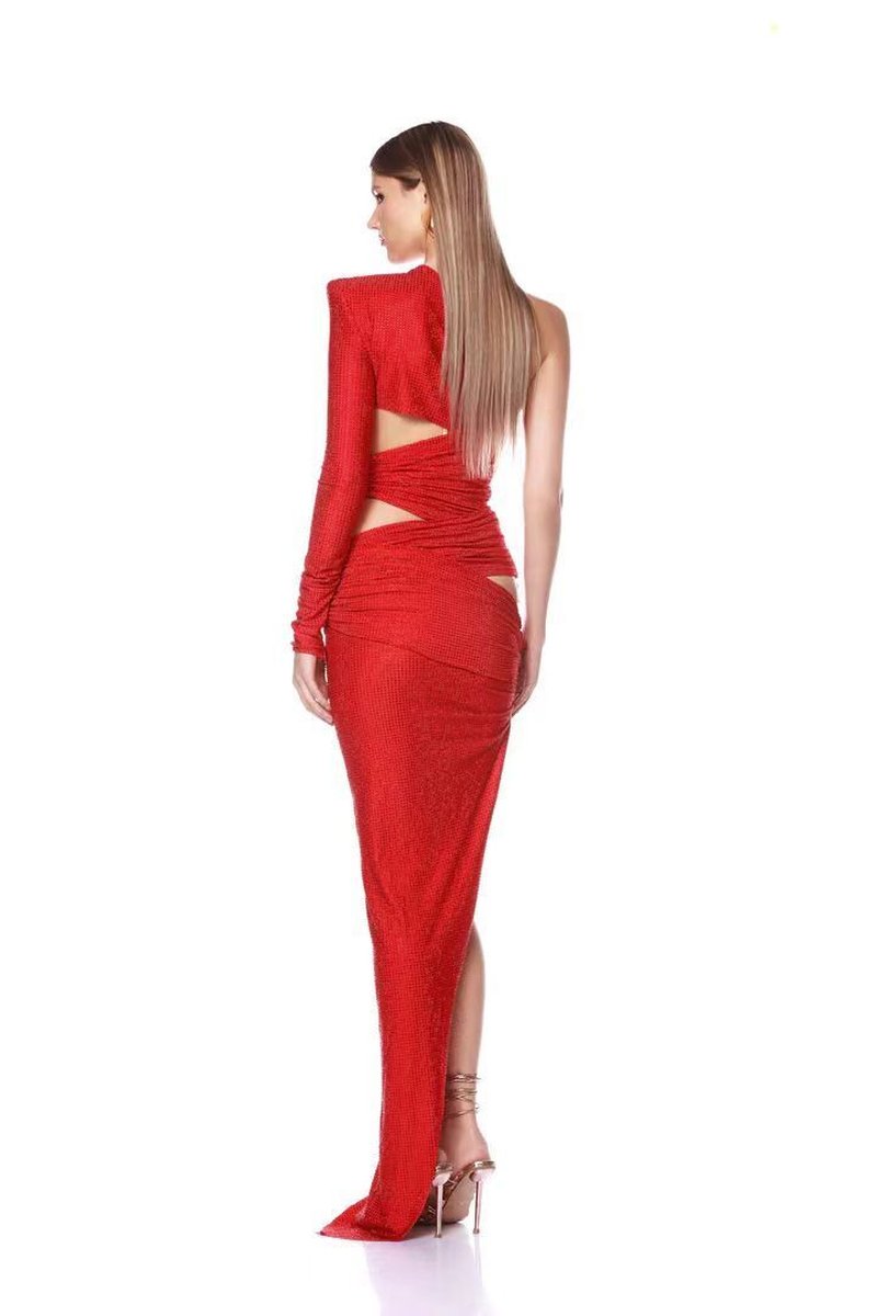 One Shoulder Cutout Red Bandage Gown H6665