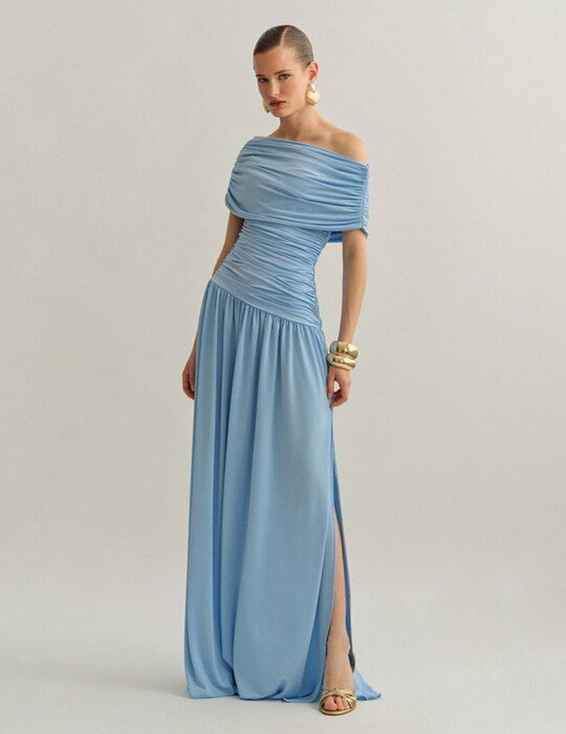 One Shoulder Draped Blue Midi Dress H7108