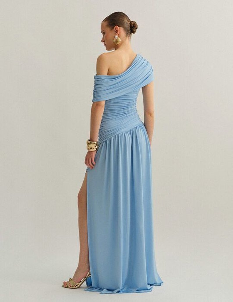 One Shoulder Draped Blue Midi Dress H7108