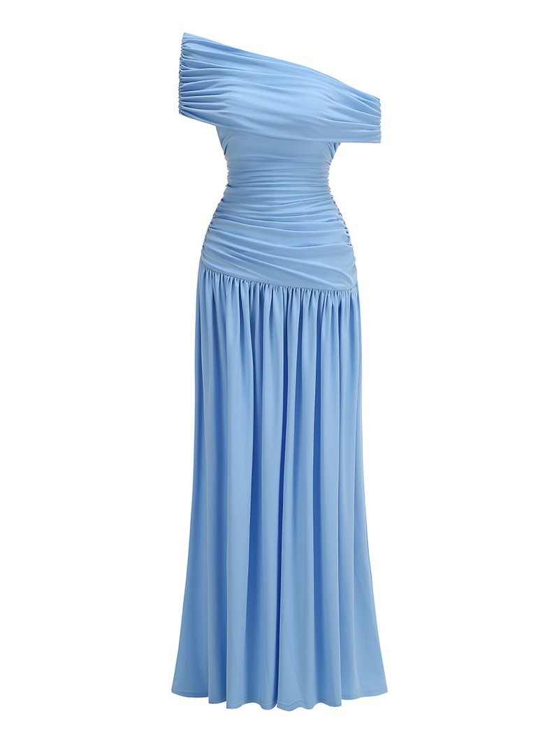 One Shoulder Draped Blue Midi Dress H7108