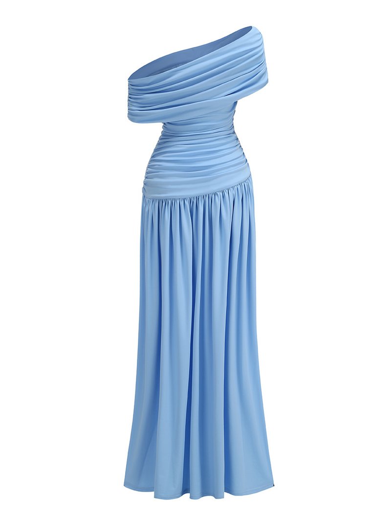 One Shoulder Draped Blue Midi Dress H7108