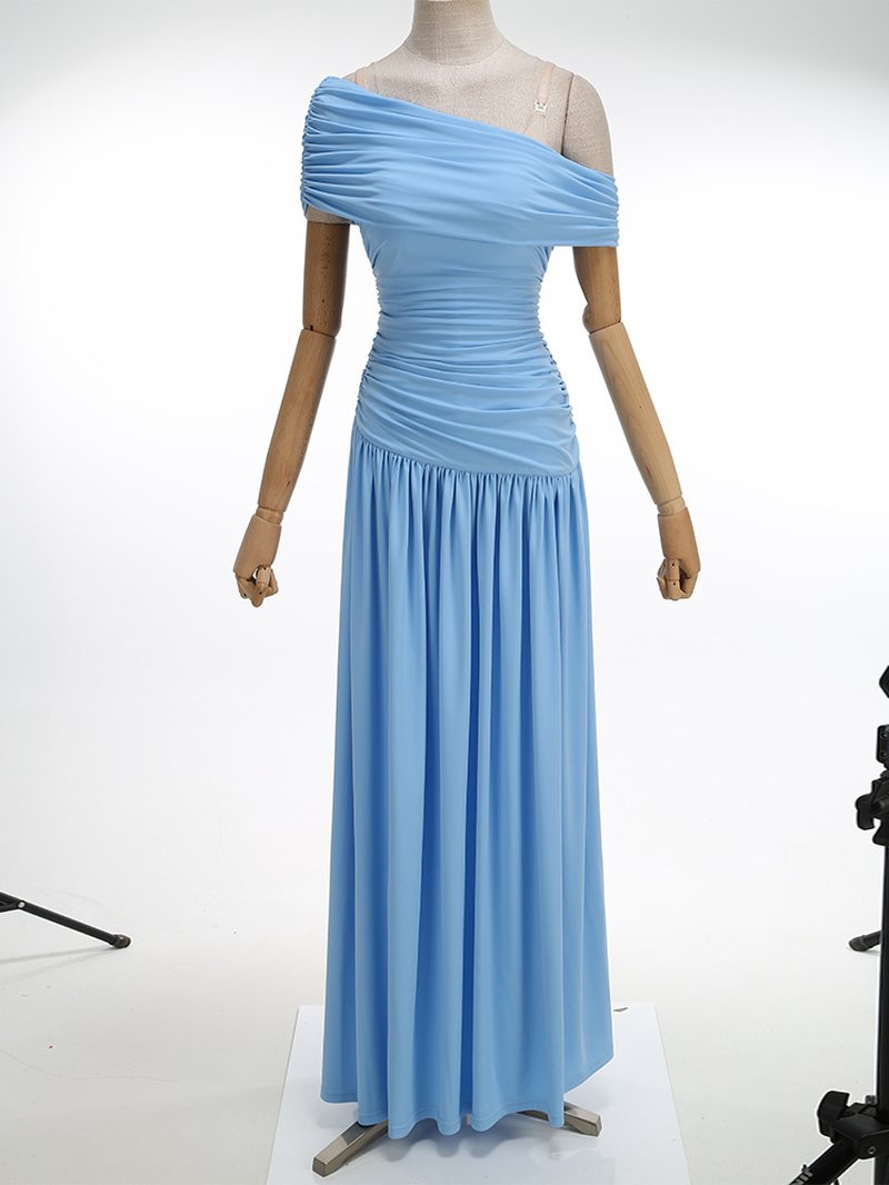 One Shoulder Draped Blue Midi Dress H7108