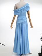 One Shoulder Draped Blue Midi Dress H7108