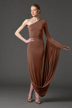 One Shoulder Draped Brown Maxi Dress H6893