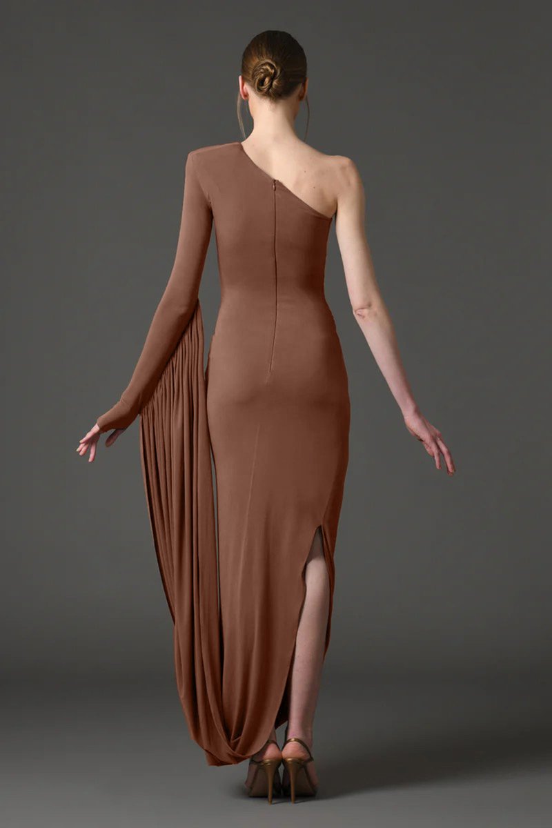 One Shoulder Draped Brown Maxi Dress H6893