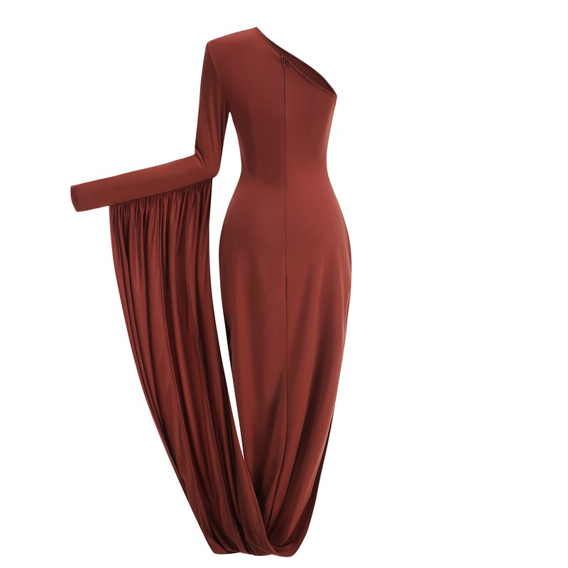 One Shoulder Draped Brown Maxi Dress H6893
