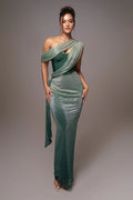 One Shoulder Draped Green Gown H6343