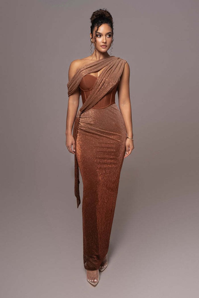 One Shoulder Draped Green Gown H6343