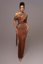 One Shoulder Draped Green Gown H6343