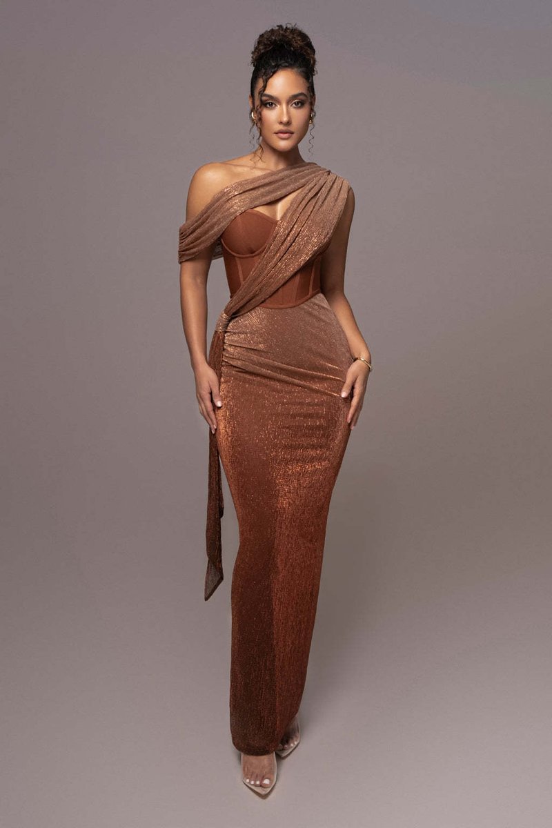 One Shoulder Draped Green Gown H6343
