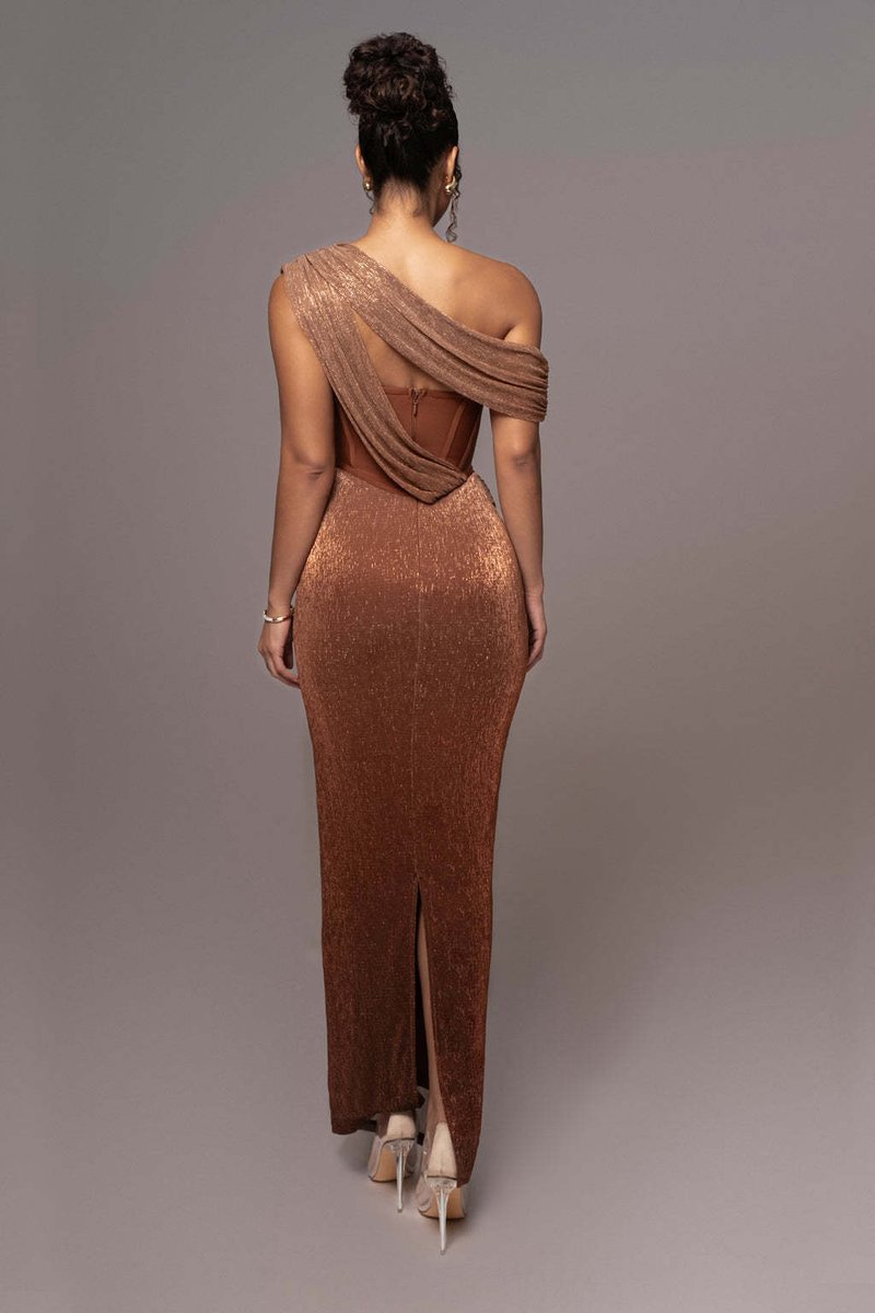 One Shoulder Draped Green Gown H6343
