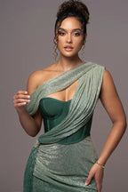 One Shoulder Draped Green Gown H6343