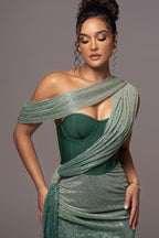One Shoulder Draped Green Gown H6343