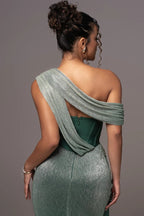 One Shoulder Draped Green Gown H6343