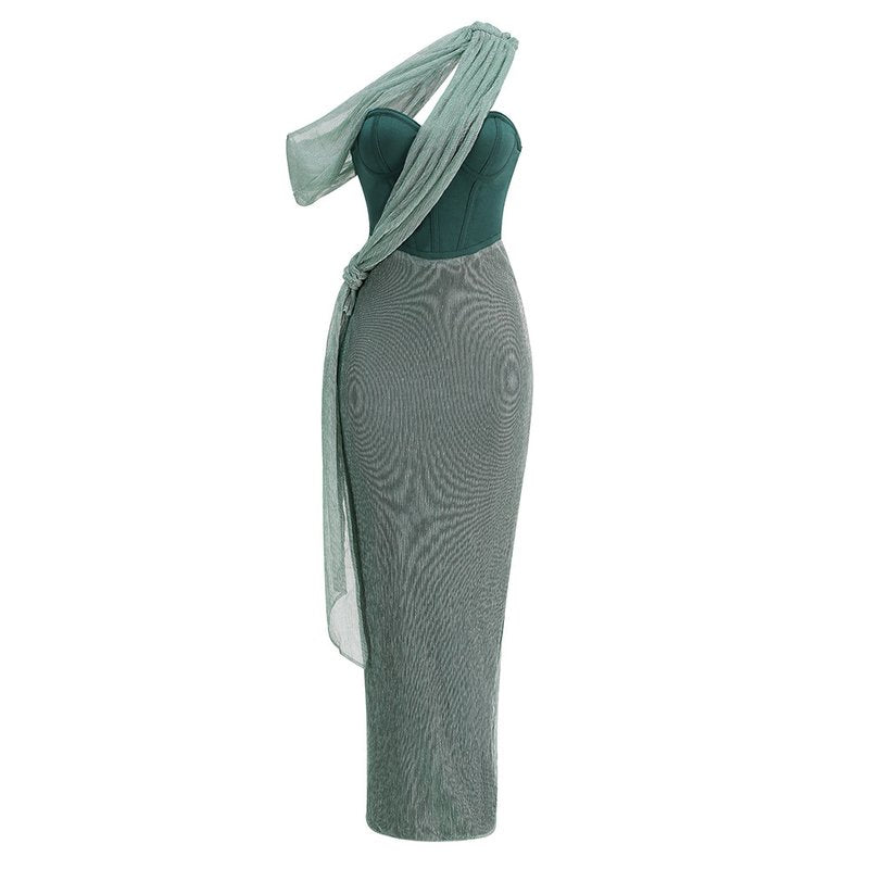 One Shoulder Draped Green Gown H6343