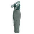 One Shoulder Draped Green Gown H6343