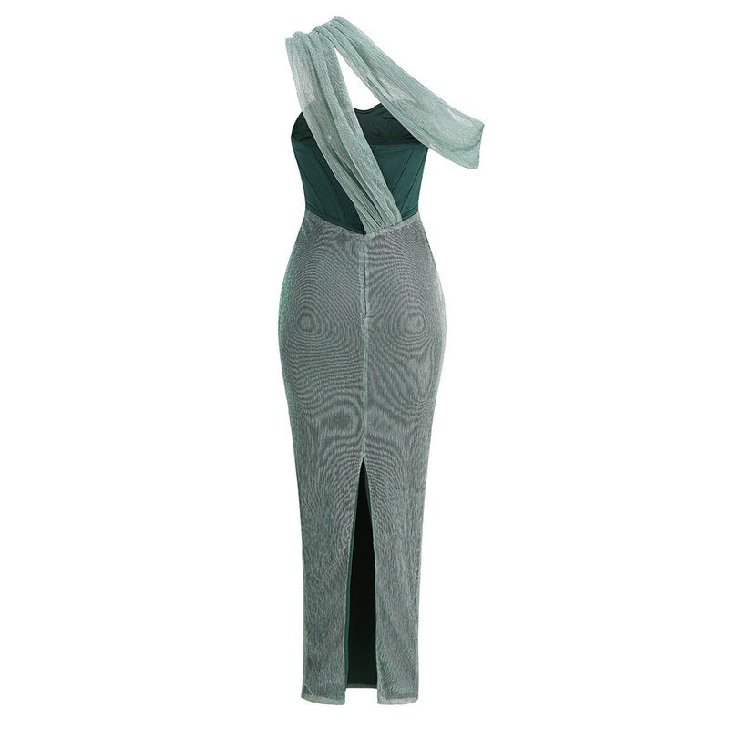 One Shoulder Draped Green Gown H6343