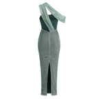 One Shoulder Draped Green Gown H6343