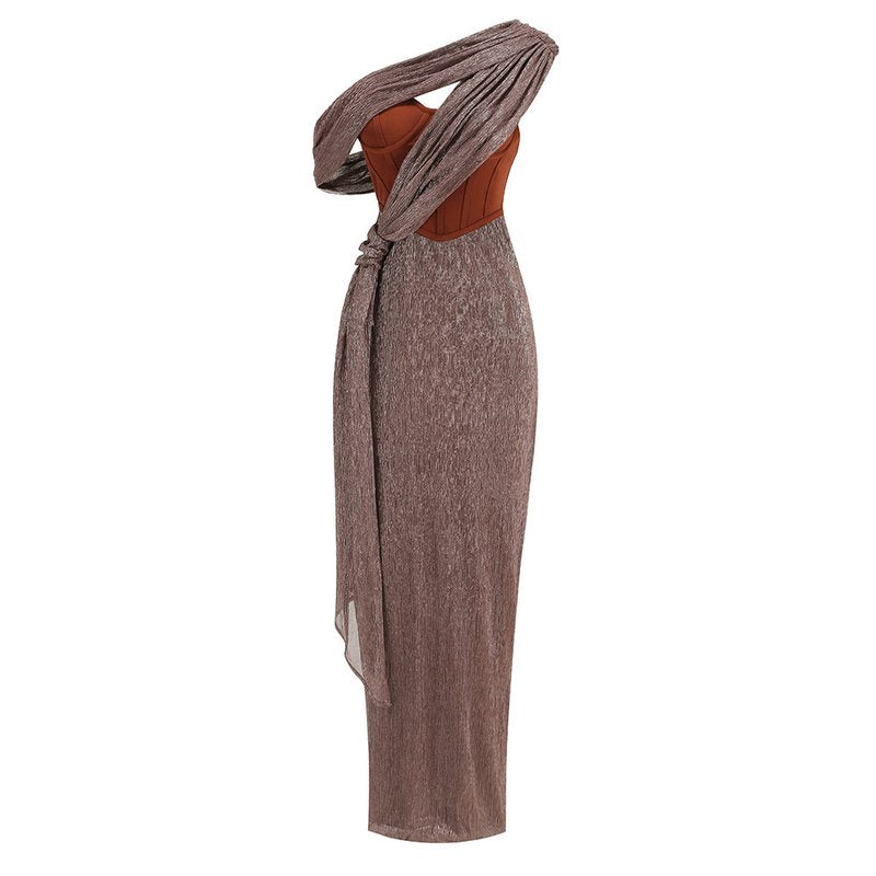 One Shoulder Draped Green Gown H6343