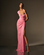 One Shoulder Draped Pink Gown H7017