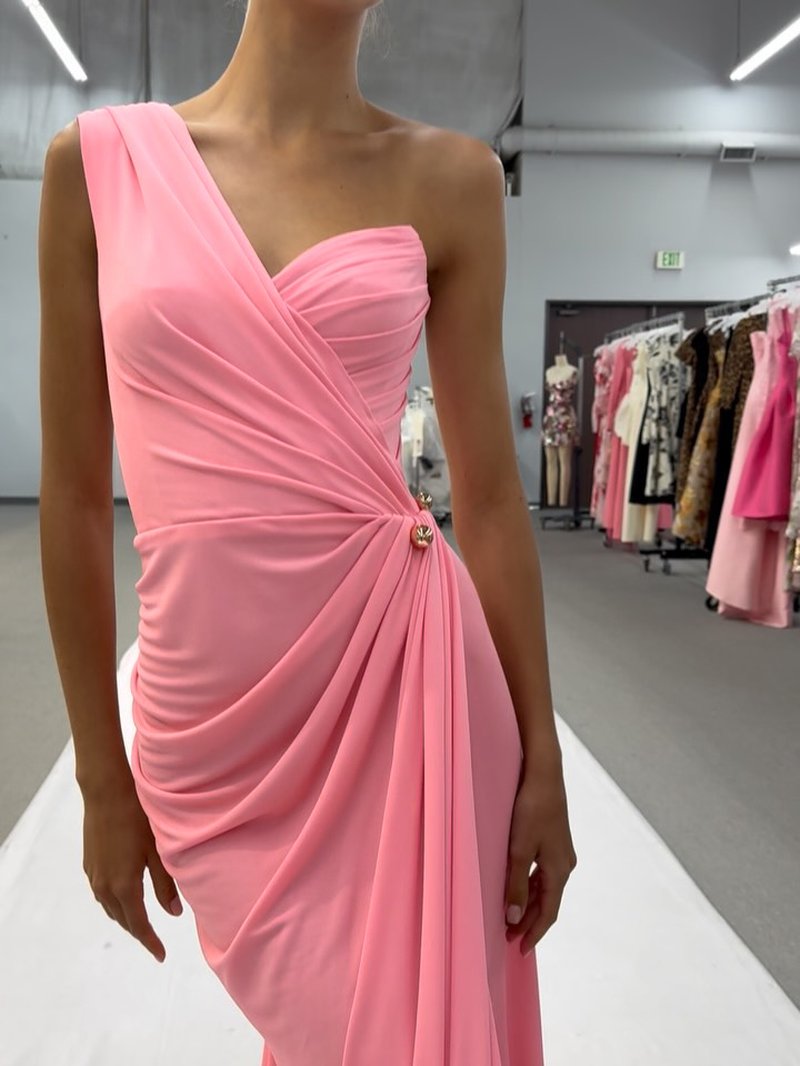 One Shoulder Draped Pink Gown H7017