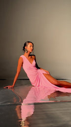 One Shoulder Draped Pink Gown H7017