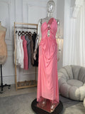 One Shoulder Draped Pink Maxi Dress H6495