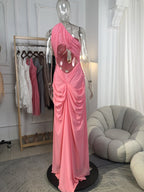One Shoulder Draped Pink Maxi Dress H6495