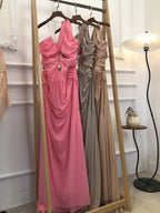 One Shoulder Draped Pink Maxi Dress H6495